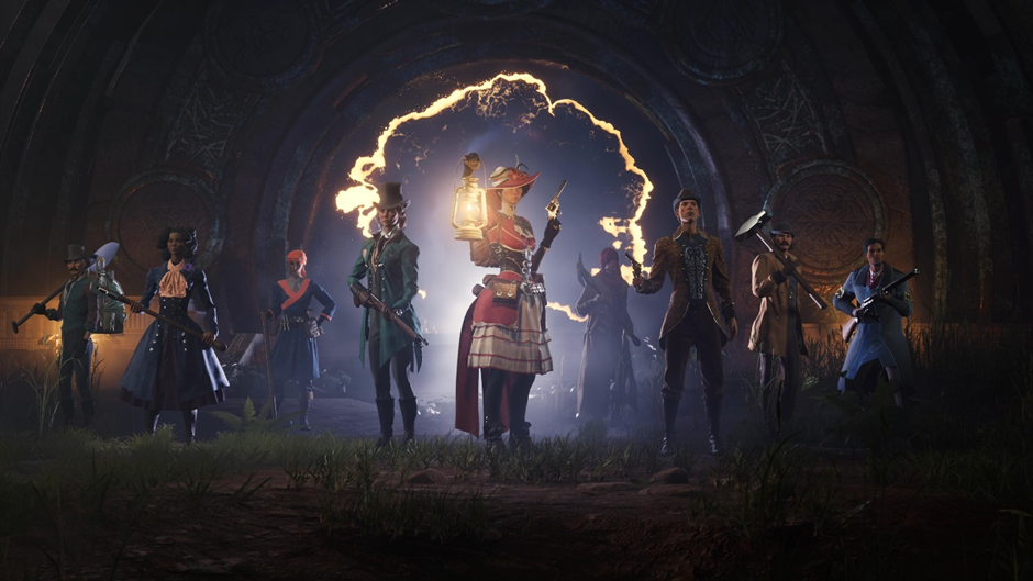Realm Walkers of Nightingale standing in the row showcasing torches and weaponry